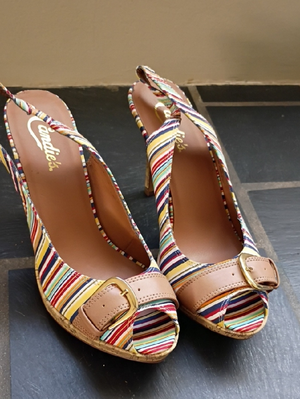 Candie's Multicolor Striped Slingback Heels with Tan Buckle | Size 7